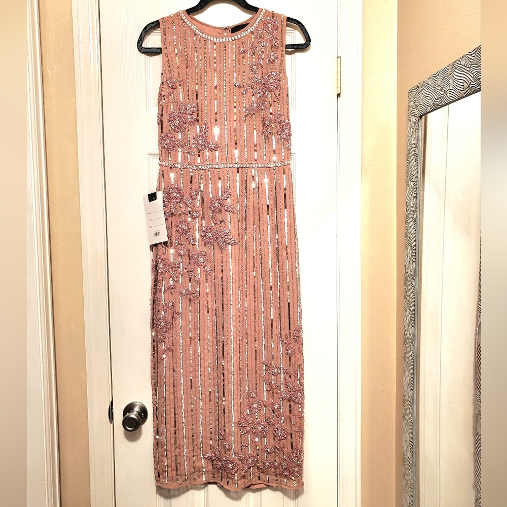 MAC DUGGAL Sequin StripE and Beaded Floral Column Cocktail Dress Sz. 4